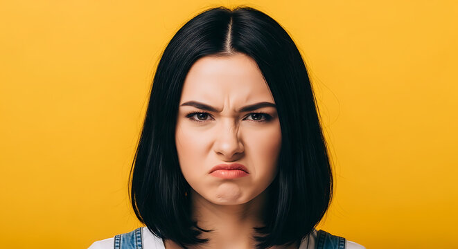 A young woman scowls directly at the camera with clear displeasure.