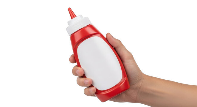Person holding red spray bottle with white foam isolated on transparent background