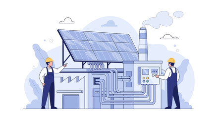 Naklejka premium Technicians Maintaining Industrial Solar Power Plant System