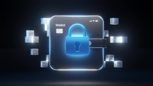 Smartphone digital wallet with glowing padlock security icon and blockchain network nodes. Represents secure mobile payment, cryptocurrency protection, fintech security, data encryption