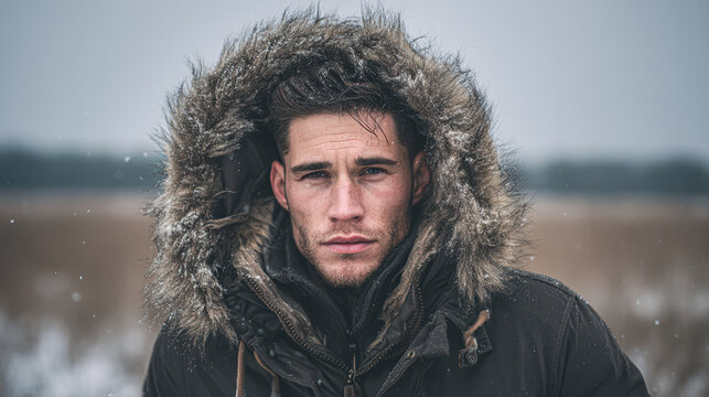 A man wearing a fur-lined parka hood stands outdoors in snowy, cold weather with a focused expression.