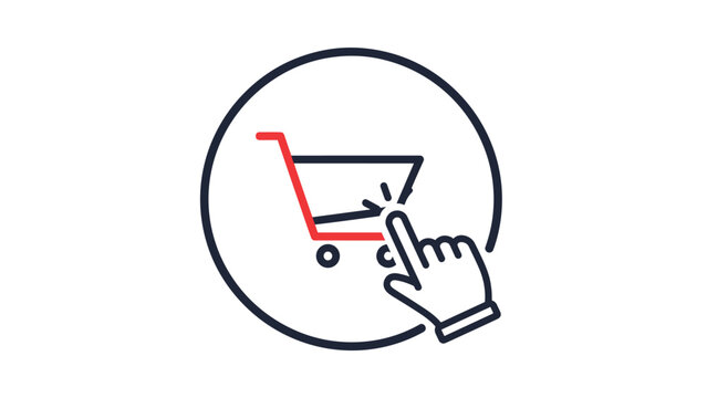 Digital shopping icon featuring a red and black grocery cart being selected by a hand cursor within a circular frame.