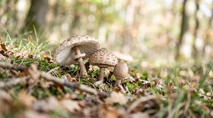 Obraz premium Wild Macrolepiota Procera Mushrooms Growing in Natural Forest Habitat, Known as Parasol Mushroom or Tortulho, Surrounded by Leaves and Woodland Texture.