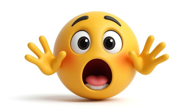 3D emoji face with wide eyes, raised hands, and open mouth symbolizing surprise and astonishment