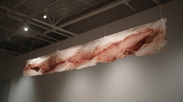 Abstract Ochre Textile Panel Sculpture Suspended in Gallery Space