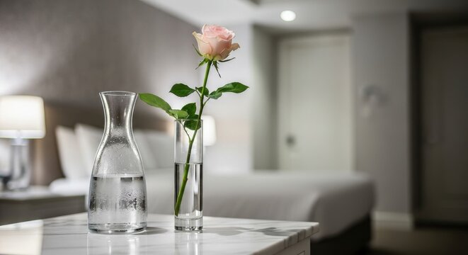 A single delicate pink rose in a clear glass vase on a marble table next to a carafe of water.