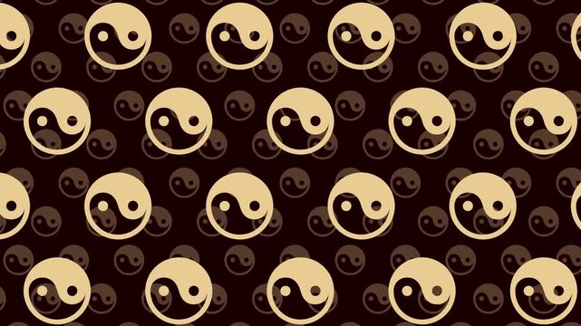 Animated Seamless Pattern Of Gold Yin Yang Symbols With Parallax Animation On A Dark Background, 4K Seamless Loop, 16:9 Horizontal Video