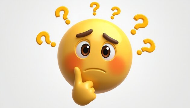 3D emoji face with finger on chin and question marks symbolizing confusion, curiosity, and problem‑solving