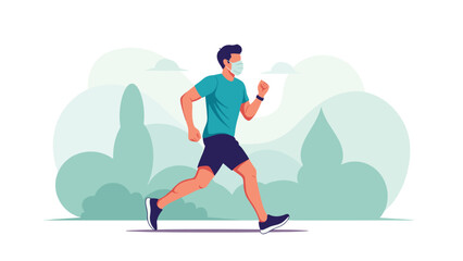 Fototapeta premium Active man wearing a protective face mask while jogging through a green park during a sunny day for health and fitness.