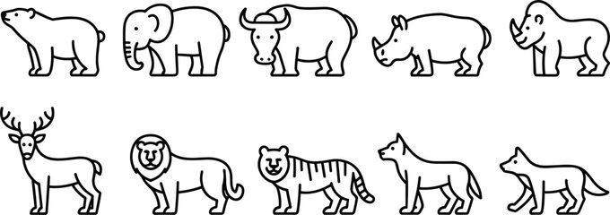 Minimalist black line art wild animal vector icon set featuring polar bear elephant bull rhino deer lion tiger wolf and fox for modern graphic design. © MstSabera