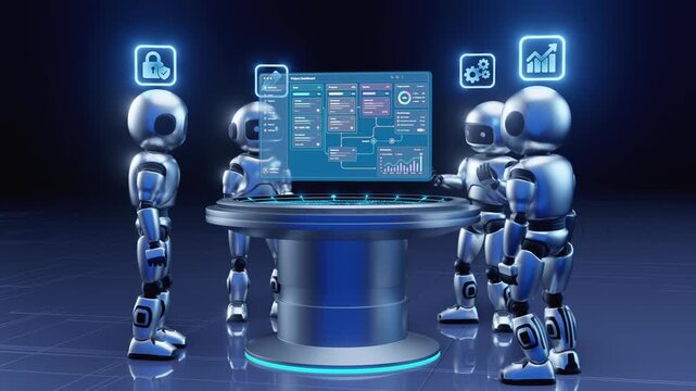 3D AI robot team collaborating around a holographic project dashboard with security, settings, and analytics icons on dark blue background. Ideal for AI agent, automation, and smart technology
