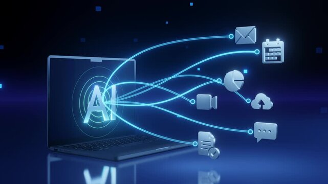 AI laptop connecting via glowing blue lines to workflow icons including email, calendar, chart, cloud, video, chat, and document on dark blue background. Ideal for AI automation and productivity