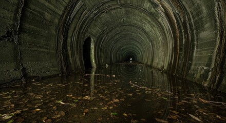 Naklejka premium Abandoned sewer tunnel with water and fallen leaves