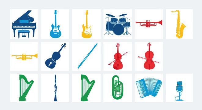 Musical instruments collection on white