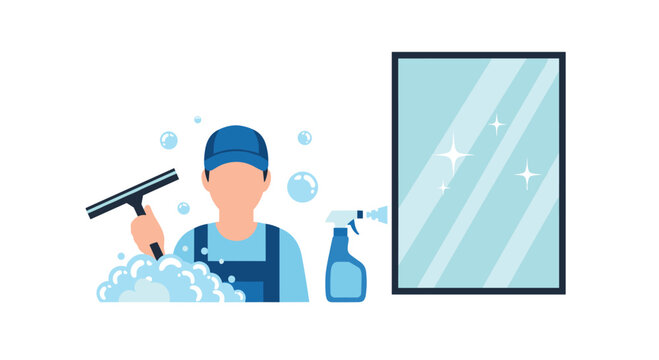 A professional window cleaner holding a squeegee with soapy bubbles stands beside a spray bottle and a gleaming glass pane against a pale blue background.