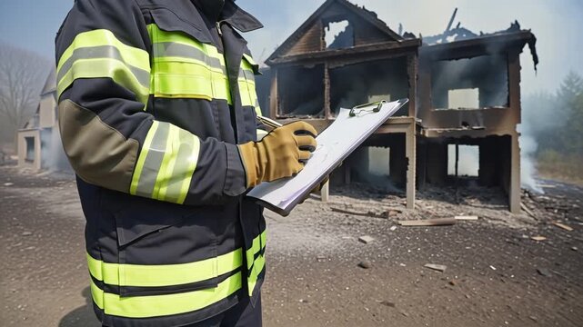 A firefighter's gloved hands write on a clipboard against the backdrop of a burned-out house.