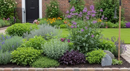 Fototapeta premium Colorful flower garden with lush greenery and decorative stones