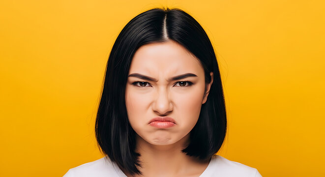 A woman with short black hair and bangs makes a disgusted or annoyed face against a yellow backdrop.