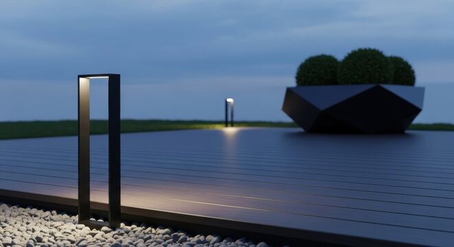 Modern black pathway lights illuminating an outdoor deck at dusk, guiding the way with subtle elegance.