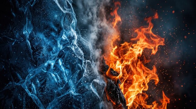 Cinematic fire and water collision, dramatic elemental battle of ice and flame, abstract blue splash and orange heat explosion background