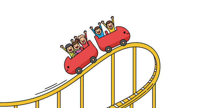 Happy cartoon passengers ride a bright red roller coaster car descending a yellow track against a clean white background in a cheerful and vibrant artistic style.