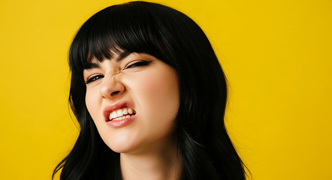 A woman with dark hair makes a face of intense disgust and repulsion against a yellow wall.