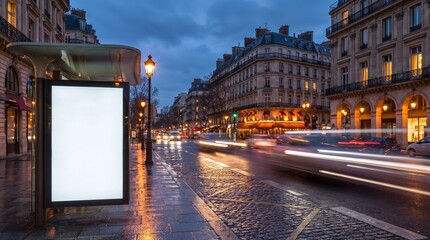 Billboard Bus Shelter In Paris City at Night Mockup