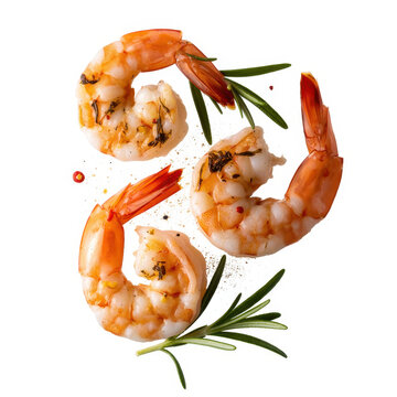 Three cooked shrimp with rosemary sprigs and spices isolated on a white background, for food menu