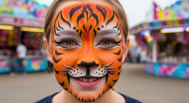 Girl smiling with tiger face paint at a carnival background