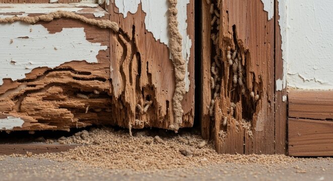 Wooden door with termite damage and wood shavings on the floor
