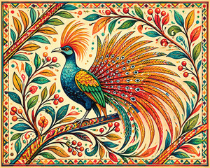 Fototapeta premium Eye-catching ornamental folk-art illustration featuring an exotic paradise bird with vivid patterned plumage, reimagined branching motifs, floral accents, and a bold high-saturation heritage-inspired 