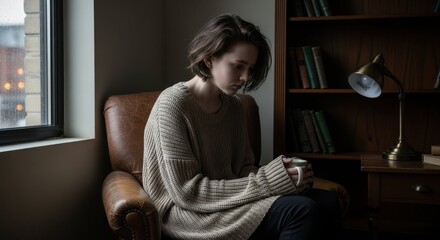 Fototapeta premium Woman in cozy sweater feeling contemplative while sitting in an armchair by the window