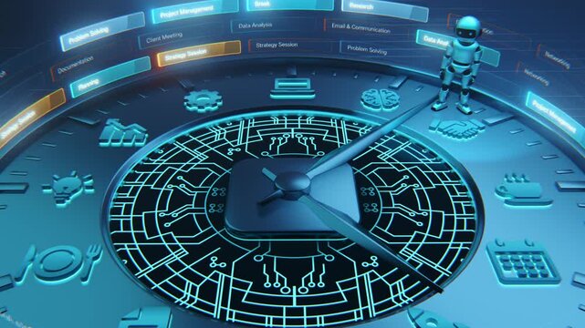 3D AI robot standing on a glowing circuit clock surrounded by floating task labels including planning, data analysis, and strategy on dark blue background. Perfect for AI time management and