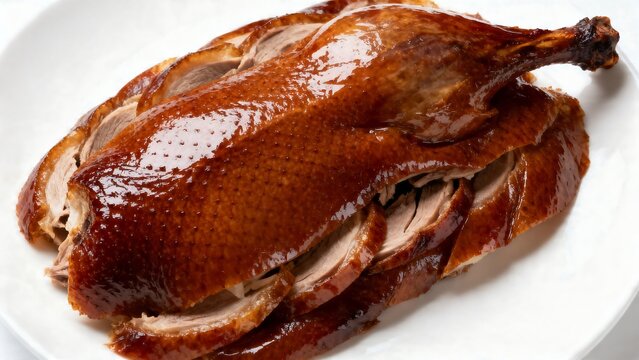 glazed peking duck roasted crispy skin served on white plate closeup