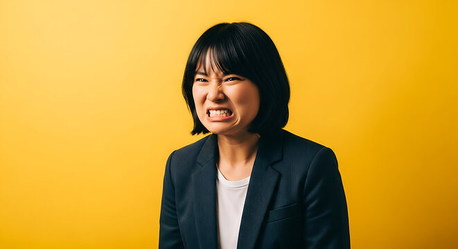 A woman in a blazer grimaces in displeasure against a yellow backdrop.