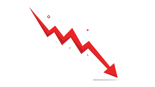 Red arrow pointing down indicating a sharp decline in business profit or market crash on a plain white background.