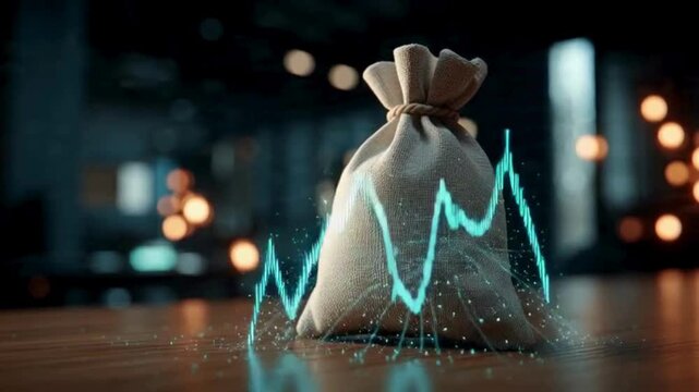 Digital Data Fluctuating Over a Money Bag in a Dark Modern Setting with Glowing Graphs