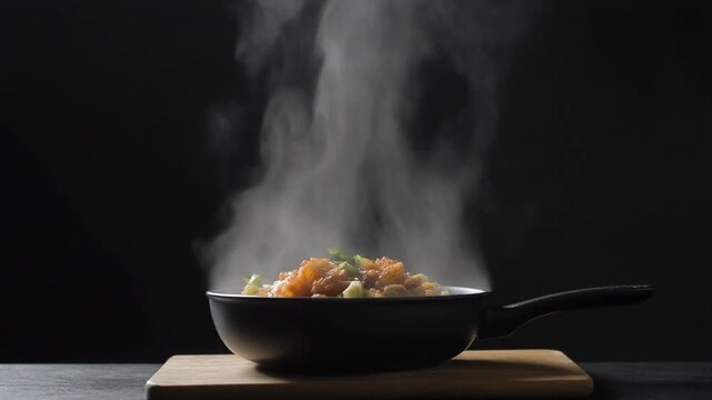 Hot meal steam motion, static camera, dark minimal background