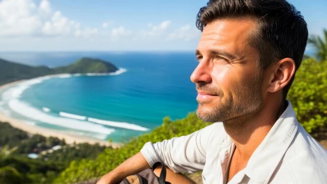 Smiling male traveler with backpack sitting at a coastal viewpoint overlooking a turquoise bay and sandy beach. travel, relaxation and nature.