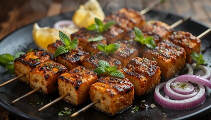 Fototapeta premium Hot grilled paneer tikka skewers on a black platter, golden charred cubes with steam, lemon slices, onion rings, fresh mint, rustic wooden table, appetizing Indian vegetarian dish