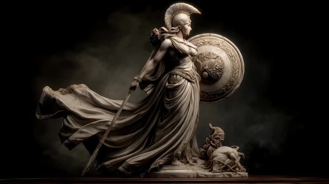 Greek mythology god Athena. Fantasy. A classical statue depicts a female figure in a dynamic pose, wielding a spear and shield. She wears a flowing, flowing gown and a helmet with a crest.