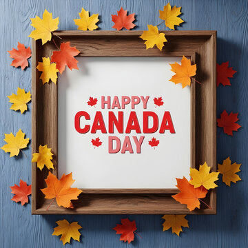 Happy canada day festive celebration with maple leaves and wooden frame