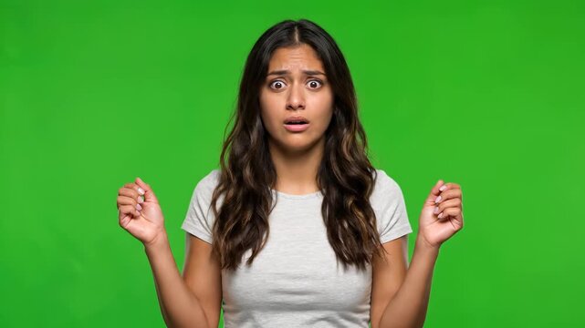 Distressed Woman: A young woman stands against backdrop of vibrant green screen, wearing a simple white t-shirt, her face etched with worry and a gesture of helplessness.