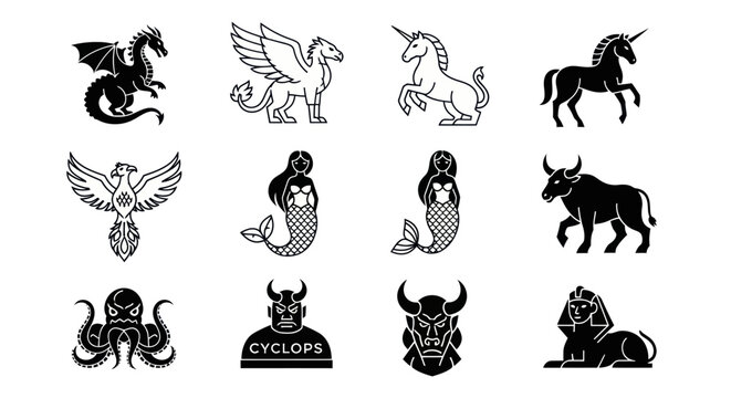 Mythical creatures line art illustration
