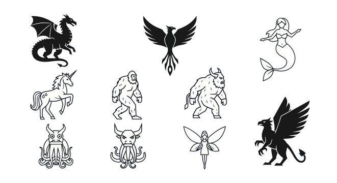 Mythical creatures silhouettes vector set