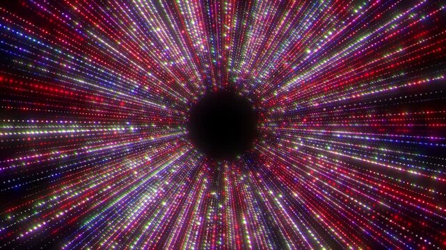 colorful disco light particles tunnel with glowing neon rays and copy space