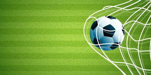 Obraz premium Soccer ball hitting the net and scoring a goal. Background for posters, social media, sports advertisements, football-related content, and tournament campaigns.