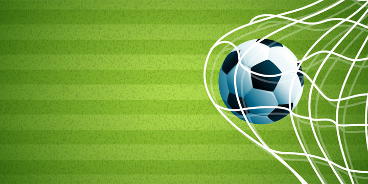 Soccer ball hitting the net and scoring a goal. Background for posters, social media, sports advertisements, football-related content, and tournament campaigns.