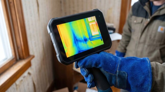 Home inspector using a thermal imaging camera to detect heat loss and moisture around a window in an old house.