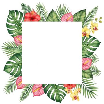 Watercolor tropical frame with monstera leaves, hibiscus, anthurium, and orchid flowers